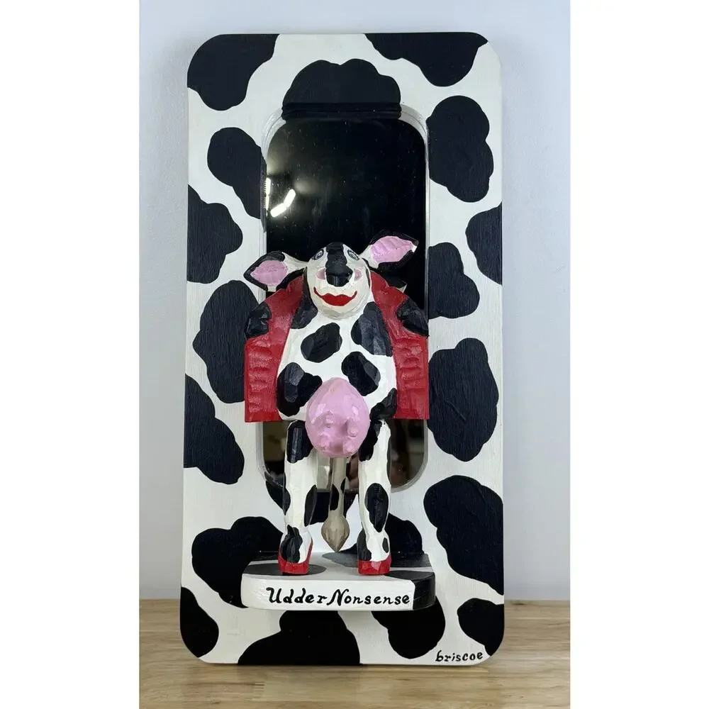 Vintage Ken Briscoe Folk Art Wood Hand Carved Mirror Cow Udder Nonsense RARE 18”